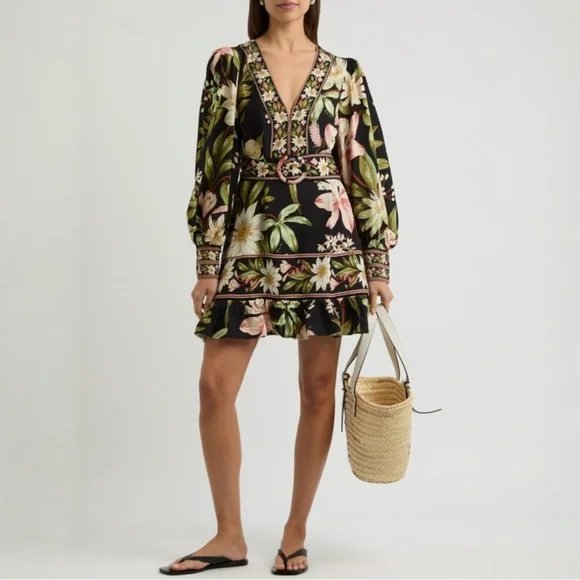 FARM Rio | Dresses | Nwt Farm Rio Surreal Flowers Black Vneck Long Sleeves  Mini Dress Size Medium | Poshmark